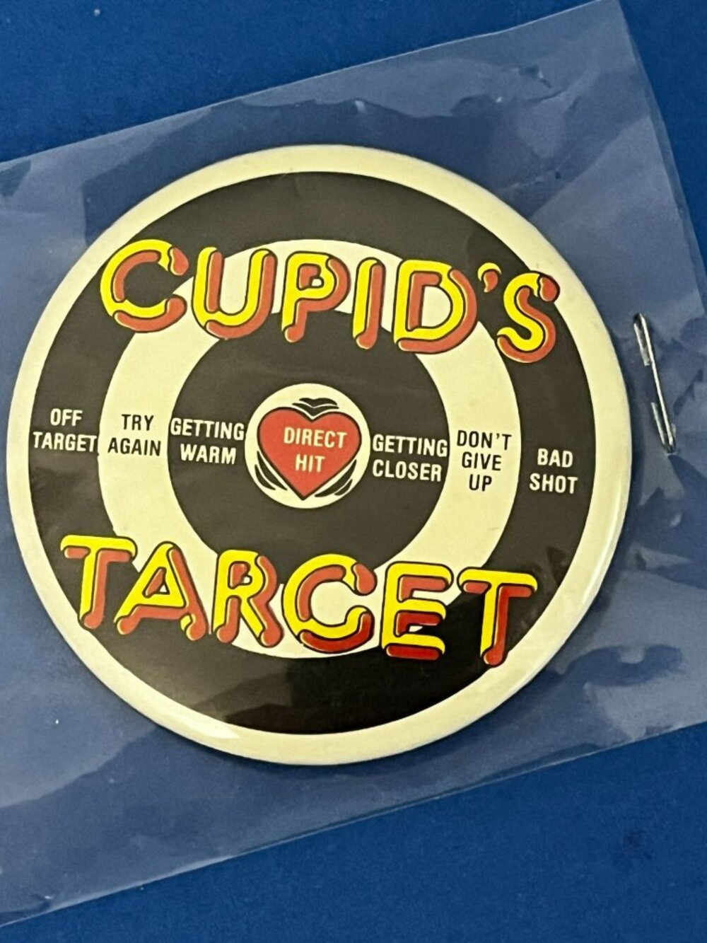 Vintage CUPID'S TARGET Valentines Pinback Button Pin Large